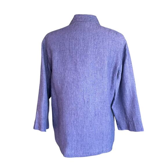 Chico's Design 100% Linen Button Up Blue Top Collared Sz LARGE Casual Minimalist - Picture 2 of 7